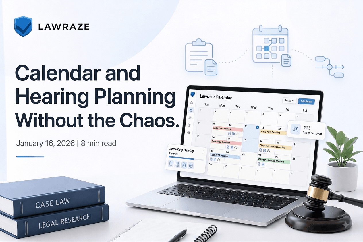 Legal calendar with hearings and reminders